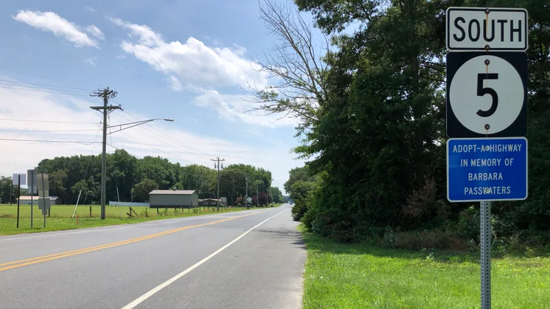 2022-07-15 13 26 25 View south along Delaware State Route 5 (Union Street Extended) at Delaware State Route 1 (Coastal Highway) in Waples Pond Acres, Sussex County, Delaware.jpg