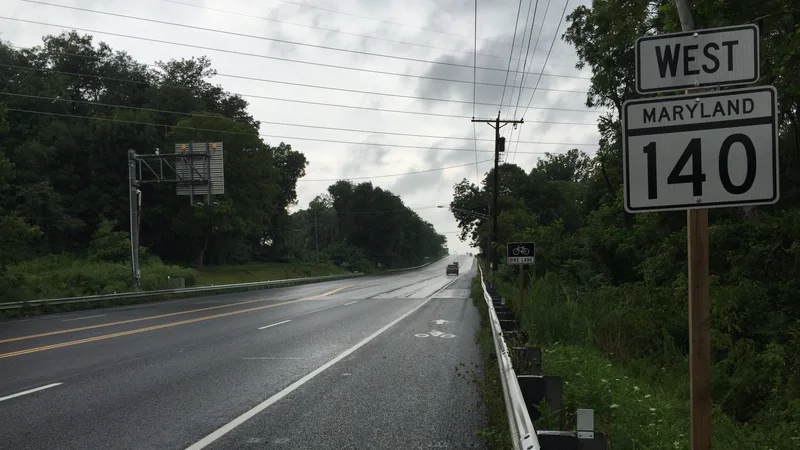 2016-08-21 10 16 44 View west along Maryland State Route 140 (Baltimore Boulevard) between Liberty Reservoir and Old Westminster Pike in Finksburg, Carroll County, Maryland.jpg
