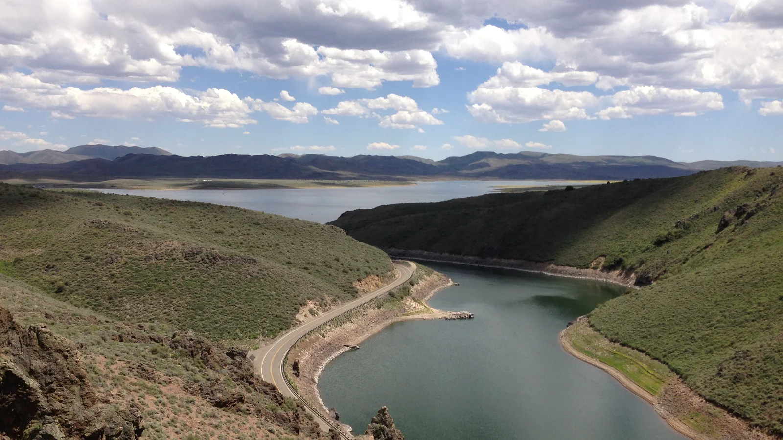 2013-06-16 13 22 55 Wild Horse Reservoir in Nevada viewed from a rock outcrop above dam, with Nevada State Route 225 along the shore.jpg